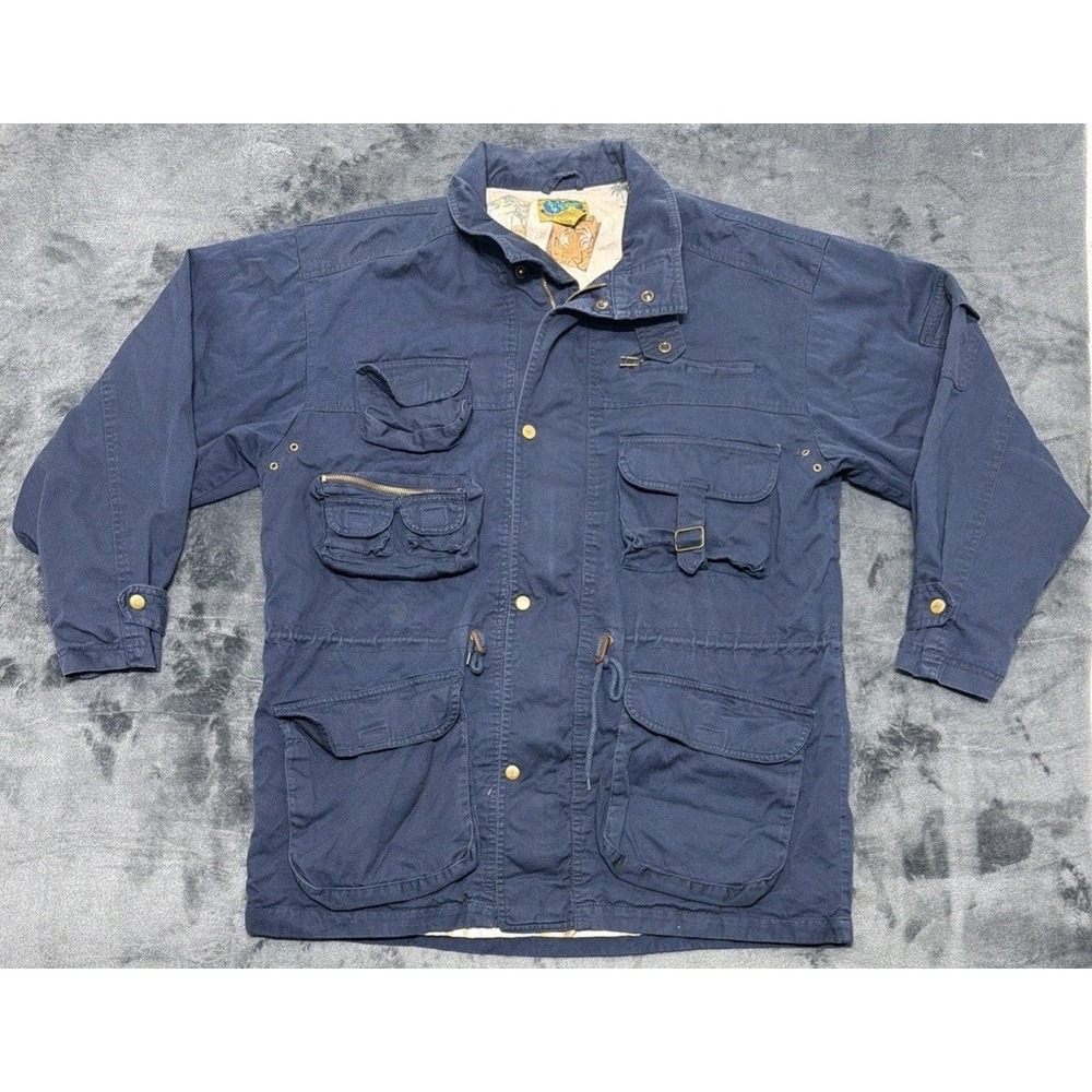 Vintage Native Habitat Planet Earth Utility Safari Jacket. Navy Blue Sz. L